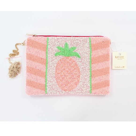 FREE EARRINGS - KAYLEE Peach/Pink Pineapple Beaded Zip Tp Clutch Crossbody NWT - Picture 2 of 6